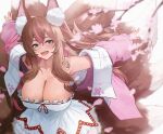  1girl :d animal_ear_fluff animal_ears ayul_(ayulneri_92) bare_shoulders blush breasts brown_hair cleavage commentary_request commission dress fox_ears fox_girl fox_tail from_above green_eyes highres large_breasts long_hair long_sleeves looking_at_viewer looking_up multicolored_hair multiple_tails open_mouth original pink_hair smile solo streaked_hair tail white_dress 