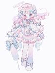  1girl :o apron asymmetrical_legwear balloon blue_bow blue_bowtie blue_eyes blue_thighhighs blunt_bangs blush bow bowtie commentary commission dress food-themed_hair_ornament footwear_bow frilled_apron frilled_headwear frilled_sleeves frills full_body gradient_legwear hair_bow hair_intakes hair_ornament hat heart_balloon heterochromia highres holding holding_syringe long_hair long_sleeves looking_at_viewer mismatched_legwear narutomaki_hair_ornament nurse_cap open_mouth original oversized_object pink_hair pink_thighhighs red_eyes shoes short_dress simple_background sleeve_bow solo standing syringe thighhighs upache watermark white_apron white_background white_dress white_hat white_shoes white_thighhighs wide_sleeves zettai_ryouiki 
