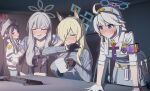  4girls absurdres ahoge angryangrykim animal_ear_fluff animal_ears armband black_gloves black_necktie black_skirt blonde_hair blue_archive blue_eyes blue_halo blue_shirt blush bow braid braided_ponytail breasts center-flap_bangs closed_eyes coffee_mug commentary_request computer_keyboard cup dog_ears dog_girl double-parted_bangs embarrassed extra_ears fubuki_(blue_archive) gloves grey_bow grey_hair grey_halo hair_bow hair_over_one_eye halo hat hawaiian_shirt highres holding holding_cup indoors kanna_(blue_archive) kirino_(blue_archive) konoka_(blue_archive) large_breasts laughing long_hair mask mask_pull medium_breasts mouth_mask mug multiple_girls necktie notched_ear open_mouth pleated_skirt police police_badge police_hat police_uniform policewoman purple_armband purple_halo purple_necktie red_eyes red_halo sharp_teeth shirt sidelocks single_braid skirt smoke_grenade teeth twintails white_gloves white_hair wiping_mouth 