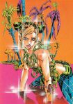  1girl absurdres all_fours araki_hirohiko arm_tattoo asymmetrical_bangs blonde_hair blue_pants braid breasts butterfly_tattoo chain character_name collarbone cone_hair_bun cuffs double_bun green_hair hair_bun handcuffs highres jojo_no_kimyou_na_bouken kneeling kujo_jolyne looking_at_viewer multicolored_hair official_alternate_costume official_art palm_tree pants partially_submerged pink_eyes pink_lips pink_water plant scan second-party_source sky small_breasts solo sparkle spider_web_print stone_ocean tattoo traditional_media tree two-tone_hair yellow_sky 