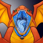  akudrache anthro bell bell_collar blaze_(blaze125) blue_insides blue_tongue bodily_fluids collar dragon dripping excessive_saliva female green_eyes hi_res horn imminent_vore mouth_shot nonbinary_(lore) open_mouth orange_body orange_scales orange_wings red_horn saliva saliva_drip saliva_on_tongue saliva_string salivating scales scalie shaded simple_background solo tongue vore wings 