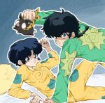  1boy 1girl animal black_hair blue_background blue_eyes blue_hair braid brown_eyes commentary green_pajamas holding holding_animal kis0w0 lying on_back on_bed open_mouth p-chan_(ranma_1/2) pajamas pants pig pillow ranma_1/2 saotome_ranma short_hair single_braid sweat tendou_akane yellow_pajamas yellow_pants 