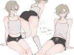  1boy :/ absurdres all_fours arm_support aventurine_(honkai:_star_rail) black_shorts blonde_hair camisole commentary dolphin_shorts english_commentary from_behind hair_between_eyes highres honkai:_star_rail honkai_(series) looking_at_viewer looking_back male_focus multicolored_eyes multiple_views navel neck_tattoo purple_eyes se1ki1 short_hair shorts sketch socks tattoo thighs two-tone_eyes white_camisole white_socks 