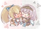  2girls ;d black_gloves black_shoes black_thighhighs blue_bow blush_stickers bow breasts brown_hair chibi cleavage cleavage_cutout clothing_cutout commentary_request dark-skinned_female dark_skin elf fingerless_gloves gloves green_eyes grey_hair hair_bow headpiece heart highres hololive large_breasts long_sleeves mitarashi_neko multiple_girls one_eye_closed pointy_ears ponytail shiranui_flare shiranui_flare_(1st_costume) shirogane_noel shirogane_noel_(1st_costume) shoes smile thighhighs virtual_youtuber white_thighhighs wide_sleeves 