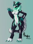  2022 3_toes 4_fingers anthro black_body black_fur breasts cheek_tuft claws crotch_tuft digital_media_(artwork) elbow_tuft eyebrows facial_tuft featureless_breasts feet female fingers fur gradient_background green_body green_claws green_fur green_hair green_pawpads green_sclera hair hand_on_hip hi_res horn markings multicolored_body multicolored_fur nude pawpads ryshokka_syre_(artist) signature simple_background smile snout solo standing toe_claws toes tuft white_body white_fur wickerbeast wide_hips 