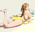  1girl ass asuna_(sao) barefoot bikini bracelet braid brown_eyes brown_hair cup drinking_glass drinking_straw feet feet_up jewelry long_hair looking_at_viewer looking_back lying on_stomach puge short_ponytail side-tie_bikini_bottom simple_background soles solo swimsuit sword_art_online the_pose toes yellow_bikini 
