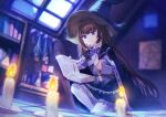 1girl absurdres black_headwear blurry blurry_background book brown_hair candle cloak closed_mouth commission hat highres holding holding_book indoors long_hair looking_away night open_book original pentagram pixiv_request purple_eyes shionty sweatdrop window witch witch_hat 