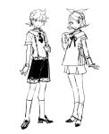  1boy 1girl arm_at_side bangs bow closed_mouth collared_shirt commentary_request flipped_hair full_body hair_between_eyes hair_bow hand_on_own_shoulder hand_up high_contrast kagamine_len kagamine_rin kneehighs legs_apart legs_together lineart looking_at_viewer low_ponytail miku_symphony_(vocaloid) monochrome neck_ribbon necktie open_mouth parted_bangs rella ribbon shirt shoes short_hair short_necktie short_ponytail short_sleeves shorts sketch smile socks standing suspender_shorts suspenders vocaloid wrist_cuffs 