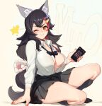  1girl ;) animal_ear_fluff animal_ears black_choker black_hair black_skirt black_socks blush bow bowtie breasts brown_eyes cellphone character_name choker clothes_around_waist collared_shirt dress_shirt hair_ornament hairclip holding holding_phone hololive jacket jacket_around_waist kneehighs kollerss large_breasts long_hair long_sleeves looking_at_viewer loose_bowtie multicolored_hair nail no_bra one_eye_closed ookami_mio open_clothes open_shirt phone pleated_skirt red_hair red_nails shirt simple_background skirt smartphone smile socks solo star_(symbol) streaked_hair very_long_hair virtual_youtuber white_shirt wolf_ears 