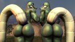  anthro big_butt blue_eyes breasts bubble_butt butt crocodilian duo female grass green_body hi_res huge_butt kyleroo looking_at_viewer looking_back muscular muscular_female nude open_mouth outside petruz_(copyright) plant purple_eyes raised_tail rear_view reptile scalie side_boob smile surprised_expression teeth wall_(structure) wide_hips 