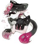  1girl black_gloves black_hair black_jumpsuit callie_(splatoon) commentary_request crop_top earrings fish_(food) food food_art food_on_head gloves hypnoshades_(splatoon) inkling jewelry jumpsuit long_hair mole mole_under_eye object_on_head octopus_hair_ornament octopus_sashimi octopus_sausage_earrings padded_shoulders pink_leaf pink_shiso_leaf pointy_ears red_shiso_leaf sashimi short_sleeves spiked_waistband splatoon_(series) splatoon_2 spotted_hair suction_cups sunglasses sushi tako-san_wiener tentacle_hair togetoge upper_body 