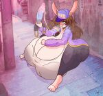  absurd_res anthro big_breasts blue_eyes bodily_fluids breasts brown_hair clothed clothing dildo face_mask female hair hat headgear headwear hi_res huge_breasts hyper hyper_breasts jasmine_boingston lagomorph leporid mammal pink_body rabbit saliva saliva_on_dildo saliva_on_tongue sex_toy sitting solo tongue tongue_out unknown_artist 
