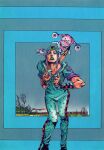  1boy absurdres araki_hirohiko beanie blue_background blue_hat blue_hoodie blue_pants blue_sleeves checkered_background collarbone feathers green_eyes green_lips hat heart_ornament highres hood hood_down hoodie horseshoe_hat_ornament horseshoe_ornament index_finger_raised johnny_joestar jojo_no_kimyou_na_bouken jojo_pose joseph_joestar leaning_forward makeup male_focus medium_hair official_alternate_costume official_art pants parted_lips purple_hair purple_sleeves scan second-party_source short_sleeves stand_(jojo) standing star_(symbol) star_print steel_ball_run traditional_media train tree tusk_(stand) tusk_act2 two-tone_sleeves wristband 