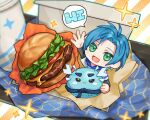  1boy :d altventurer_(regis_altare) aqua_outline arm_up blue_hair blue_scarf burger cheese chibi chibi_only commentary cup disposable_cup english_text food food_wrapper four-pointed_star green_eyes halftone halftone_background holostars holostars_english layered_sleeves lettuce long_sleeves male_focus napkin outline oversized_food oversized_object regis_altare scarf short_hair short_over_long_sleeves short_sleeves slime_(creature) smile striped_background tomato tomato_slice tray untranslatable_commentary virtual_youtuber waving wuji_g yellow_background 
