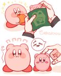 1boy :d :i arms_up bag blue_eyes blush_stickers character_doll closed_mouth disembodied_hand doll highres holding holding_bag kirby kirby_(series) missing_commentary open_mouth real_life signature simple_background smile sparkle tokkakyou waddle_dee white_background 