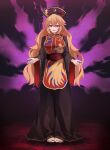  1girl absurdres barefoot black_dress black_hat black_nails blonde_hair breasts chinese_clothes commentary crescent_print dalachi_(headdress) dress energy energy_tail fox_tail full_body hair_between_eyes hat highres jager junko_(touhou) large_breasts long_hair long_sleeves looking_at_viewer multiple_tails neck_ribbon open_mouth phoenix_print red_eyes red_tabard ribbon smile solo tabard tail toes touhou very_long_hair wide_sleeves yellow_ribbon 