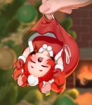  1girl 1other =_= animal_ears appleblossomtea bag black_streaks blurry blurry_background bow capelet chibi christmas_tree closed_eyes colored_tips commentary depth_of_field double-parted_bangs drooling english_commentary fur-trimmed_capelet fur-trimmed_mittens fur_trim hakos_baelz highres hololive hololive_english in_bag in_container mini_person minigirl mittens mouse_ears mouse_girl mouse_tail mouth_drool multicolored_hair open_mouth red_capelet red_hair red_mittens santa_costume short_eyebrows sleeping solo_focus streaked_hair tail tail_bow tail_ornament virtual_youtuber white_streaks 