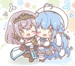  2girls ;d ahoge armored_boots beret black_boots blue_dress blue_hair blue_jacket blue_skirt blush_stickers boots braid breasts brown_boots brown_eyes cheek-to-cheek chibi cleavage cleavage_cutout clothing_cutout commentary_request dress fang floral_background fur-trimmed_boots fur-trimmed_jacket fur-trimmed_sleeves fur_trim green_eyes grey_hair hat headpiece heads_together heart heart_ahoge highres hololive jacket large_breasts long_hair long_sleeves mitarashi_neko multicolored_hair multiple_girls one_eye_closed pleated_skirt ribbon-trimmed_thighhighs ribbon_trim shirogane_noel shirogane_noel_(1st_costume) shirt skirt smile streaked_hair thighhighs thighhighs_under_boots very_long_hair virtual_youtuber white_background white_hat white_shirt white_thighhighs wide_sleeves yukihana_lamy yukihana_lamy_(1st_costume) 