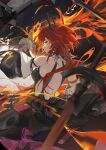  1girl absurdres arknights arknights:_endfield backless_dress backless_outfit black_dress black_horns commentary demon_horns dress fire flaming_weapon highres horns kingcraft_kingu laevatain_(arknights) red_eyes red_hair sideless_dress solo surtr_(arknights) sword weapon 