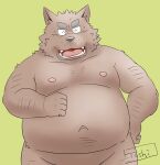  2022 anthro belly big_belly brown_body canid canine canis domestic_dog eyes_closed humanoid_hands kemono male mammal moobs navel nipples overweight overweight_male simple_background solo toshi_(artist) 