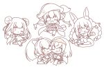  >_o 5girls :d ;d ^_^ absurdres animal_ear_fluff animal_ears bicorne blush bow braid breasts carrot_hair_ornament chibi cleavage cleavage_cutout closed_eyes clothing_cutout commentary_request double_bun dress elf eyepatch fang food-themed_hair_ornament fur-trimmed_dress fur_trim hair_bow hair_bun hair_ornament hair_ribbon hat headpiece highres hololive hololive_fantasy houshou_marine houshou_marine_(1st_costume) jacket large_breasts long_sleeves mitarashi_neko monochrome multiple_girls navel one_eye_closed open_clothes open_jacket parted_lips pleated_skirt pointy_ears ponytail rabbit_ears ribbon shiranui_flare shiranui_flare_(1st_costume) shirogane_noel shirogane_noel_(1st_costume) shoes simple_background skirt sleeveless sleeveless_jacket sleeves_past_fingers sleeves_past_wrists smile spot_color thighhighs twin_braids twintails uruha_rushia uruha_rushia_(1st_costume) usada_pekora usada_pekora_(1st_costume) virtual_youtuber white_background 