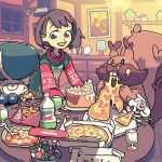  1girl alcremie berry_(pokemon) brown_hair cake calyrex cheri_berry christmas_sweater cup drinking_glass food food_on_face gloria_(pokemon) greedent indoors mountain_dew open_mouth oran_berry pizza pokemon pokemon_(creature) pokemon_sword_and_shield saboteri_(savot) short_hair wine_glass 