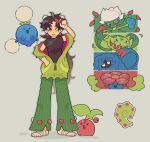  1girl artist_self-insert carnivine cherubi grass_type_theme_(pokemon) green_jacket green_pants highres holding holding_poke_ball jacket jumpluff original pants poke_ball pokemon pokemon_(creature) pokemon_team roserade sandals simple_background tangrowth vileplume zepn1 