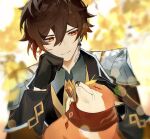  1boy animalization bangs black_gloves black_hair blurry blurry_background brown_hair closed_mouth depth_of_field earrings formal fox genshin_impact ginkgo_leaf gloves hair_between_eyes hand_on_own_face highres i_a2va jacket jewelry leaf long_hair long_sleeves male_focus multicolored_hair necktie orange_eyes petting ponytail red_scarf scarf single_earring suit tartaglia_(genshin_impact) tassel tassel_earrings white_necktie zhongli_(genshin_impact) 