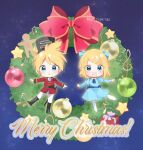  1boy 1girl :d ahoge ascot bass_clef beamed_eighth_notes beamed_sixteenth_notes belt black_belt black_boots black_hat blonde_hair blue_ascot blue_dress blue_eyes blue_ribbon blush boots bow chibi chibi_only christmas christmas_ornaments christmas_wreath collared_shirt commentary_request double-parted_bangs dress eighth_note english_text full_body gingerbread_man hair_between_eyes hair_ornament hair_ribbon hairclip hat highres jacket kagamine_len kagamine_rin long_sleeves looking_at_viewer mani_(manidrawings) medium_hair merry_christmas musical_note open_mouth pants pantyhose parallel_hairclips parted_bangs quarter_note red_bow red_jacket ribbon shirt short_hair sidelocks smile spiked_hair standing standing_on_one_leg star_ornament treble_clef twitter_username vocaloid white_ascot white_pants white_pantyhose white_shirt wreath 