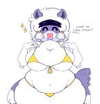 accessory ambiguous_gender anthro belly belly_overhang big_belly big_breasts bikini breasts clothing curvy_figure fur gold_bikini hair hair_accessory happy headband heart_symbol intersex intersex/intersex lemur mammal navel primate quinha slightly_chubby slightly_chubby_anthro solo strepsirrhine swimwear tail thick_thighs two-piece_swimsuit voluptuous voluptuous_anthro white_body white_fur wide_hips