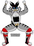  2025 abs absurd_res alpha_channel anthro artist_name black_hair_tip black_lips black_stripes blue_eyes boots breasts cleavage clothed clothing copyright_symbol fangs felid female footwear fur grey_body grey_fur grey_hair hair hi_res knee_boots knee_highs knee_pads legwear lips lucha_libre_mask mammal mask midriff muscular muscular_anthro muscular_female prehistoric_species raised_arms saber-toothed_tiger saber_(roboticsteve) sabertooth_(anatomy) shoes simple_background solo sports_mask sportswear spread_legs spreading stripes surrealatorium symbol teeth text transparent_background wide_stance wrestling_mask year yellow_teeth 