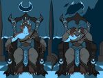  absurd_res anthro armor before_and_after bone chair checkered_floor crown fetishame furniture hi_res king lunarus_the_lich male mammal mustelid pillar royalty ruins skull skull_head solo tapestry throne 