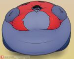  ambiguous_gender anthro belly big_belly blue_body blueberry_inflation canid canine clothed clothing digital_media_(artwork) expansion fox foxball fur happy hyper inflation looking_at_viewer lying mammal on_front simple_background smile solo standing 