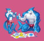  absurd_res anthro blue_body blue_eyes blue_markings chest_markings claws countershade_face countershade_torso countershading dorsal_fin duo eyes_closed fin fish gesture hi_res male marine markings muscular muscular_anthro muscular_male shark smile star_(marking) tail_fin tatae_(tetae) tetae thumbs_up white_body white_countershading yellow_sclera young 