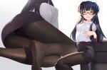  1girl ass bangs black_hair blunt_bangs blush breasts brown_eyes brown_jacket brown_pantyhose brown_skirt collared_shirt feet feet_out_of_frame foot_out_of_frame from_behind glasses gradient gradient_background idolmaster idolmaster_shiny_colors jacket legs long_hair long_sleeves looking_at_viewer mayuzumi_fuyuko medium_breasts multiple_views no_shoes open_clothes open_jacket open_mouth pantyhose pencil_skirt shirt sidelocks simple_background skirt smile sogdin soles thighs two-tone_background two_side_up very_long_hair white_background white_shirt 