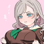  1girl 3: :i blue_eyes breasts brown_dress ceras_yanagida_lilienfeld clenched_hands closed_mouth colored_eyelashes commentary_request dress frown green_neckerchief grey_hair hair_ribbon hasu_no_sora_school_uniform link!_like!_love_live! long_hair long_sleeves love_live! medium_breasts neckerchief pink_ribbon ribbon sailor_collar sailor_dress school_uniform shinanoya_(satanicad) translated trembling virtual_youtuber wavy_hair white_sailor_collar winter_uniform 
