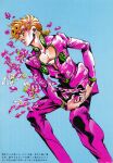  1boy absurdres araki_hirohiko blonde_hair braid cherry_blossoms feet_out_of_frame flower giorno_giovanna high_collar highres jacket jojo_no_kimyou_na_bouken jojo_pose ladybug_brooch ladybug_ornament makeup male_focus official_art pants pectoral_cleavage pectorals petals pink_jacket pink_pants scan second-party_source solo traditional_media vento_aureo wing_ornament 