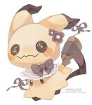  blush bow brown_bow capelet drawn_eyes flower full_body highres iwasi_29 mimikyu no_humans pokemon pokemon_(creature) pokemon_focus simple_background solid_oval_eyes white_background white_capelet 