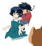  1boy 1girl black_hair black_shoes blue_dress blue_hair blue_pants braid brown_eyes carrying cat chinese_clothes commentary dress fuurinkan_high_school_uniform hands_on_another's_shoulders kis0w0 pants piggyback ranma_1/2 saotome_ranma scared school_uniform shirt_under_dress shoes short_hair single_braid tendou_akane white_background wide-eyed 