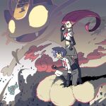  1boy 1girl black_gloves blue_hair closed_mouth commentary_request dynamax earrings fangs gigantamax gigantamax_meowth gloves grey_background holding holding_poke_ball james_(pokemon) jessie_(pokemon) jewelry lipstick makeup meowth midriff open_mouth poke_ball pokemon pokemon_(anime) pokemon_(creature) red_hair saboteri_(savot) shirt short_hair skirt smie team_rocket translation_request white_shirt white_skirt wobbuffet 