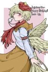  1girl animal animal_on_head bird bird_on_head bird_tail bird_wings blonde_hair blush chick closed_mouth dated dress fe_(tetsu) feathered_wings gift_art highres long_sleeves multicolored_hair niwatari_kutaka on_head orange_dress red_eyes red_hair shirt short_hair smile solo tail touhou two-tone_hair upper_body whistle whistle_around_neck whistling white_shirt wings yellow_wings 