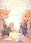  1boy 1girl :d ahoge arm_tattoo bass_clef black_sailor_collar blonde_hair blush coffee commentary_request cup curtains detached_sleeves elbows_on_table english_text facing_another hair_ornament hairclip headphones highres holding holding_cup indoors kagamine_len kagamine_rin mani_(manidrawings) medium_hair mug number_tattoo open_mouth parallel_hairclips ponytail restaurant sailor_collar shirt short_hair sidelocks sleeveless sleeveless_shirt smile swept_bangs tattoo treble_clef twitter_username vocaloid white_shirt window 