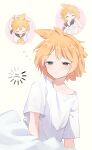  1boy :/ ahoge bed_sheet blonde_hair blue_eyes blush chibi chibi_inset collarbone commentary_request hair_between_eyes hair_down highres kagamine_len loading_icon mani_(manidrawings) medium_hair oversized_clothes oversized_shirt ponytail shirt short_sleeves sidelocks simple_background solo speech_bubble t-shirt thought_bubble tying_hair upper_body vocaloid waking_up white_shirt yellow_background 