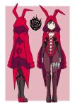  1girl alternate_costume animal_ears black_boots black_gloves black_hair black_leotard boots border bow bowtie breasts cleavage closed_mouth coat coat_on_shoulders commentary detached_collar elbow_gloves emblem facing_away fake_animal_ears from_behind full_body full_cleavage gloves grey_eyes grin headphones highres hood hooded_coat leotard light_blush looking_at_viewer medium_breasts mori_kuro_pp multiple_views outside_border pantyhose playboy_bunny rabbit_ears red_background red_bow red_bowtie red_coat red_pantyhose ruby_rose rwby smile standing straight-on thigh_strap turnaround white_border 