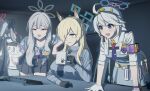  4girls absurdres ahoge angryangrykim animal_ear_fluff animal_ears armband black_gloves black_necktie black_skirt blonde_hair blue_archive blue_eyes blue_halo blue_shirt blush bow braid braided_ponytail breasts center-flap_bangs coffee_mug computer_keyboard cup dog_ears dog_girl double-parted_bangs extra_ears fubuki_(blue_archive) gloves grey_bow grey_eyes grey_hair grey_halo hair_bow hair_over_one_eye halo hat hawaiian_shirt highres holding holding_cup indoors kanna_(blue_archive) kirino_(blue_archive) konoka_(blue_archive) large_breasts laughing long_hair mask mask_pull medium_breasts mouth_mask mug multiple_girls necktie notched_ear open_mouth pleated_skirt police police_badge police_hat police_uniform policewoman purple_armband purple_halo purple_necktie red_halo sharp_teeth shirt sidelocks single_braid skirt smoke_grenade teeth twintails white_gloves white_hair 