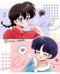  1boy 1girl ^_^ acco_oekaki black_hair blue_eyes blue_hair blush braid chinese_clothes clenched_hand closed_eyes closed_mouth commentary_request flying_sweatdrops fuurinkan_high_school_uniform hand_up heart hetero highres open_mouth ranma_1/2 saotome_ranma school_uniform short_hair single_braid smile spoken_heart spoken_squiggle squiggle tendou_akane translation_request 