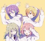  2boys 2girls arm_up bad_id bad_twitter_id bangs blonde_hair closed_mouth goodbye_sengen_(vocaloid) green_hair hair_between_eyes hood hood_down hoodie kamishiro_rui kusanagi_nene long_hair long_sleeves low-tied_long_hair multiple_boys multiple_girls ok_sign one_eye_closed ootori_emu open_mouth pink_eyes pink_hair project_sekai purple_eyes purple_hair sidelocks skunlv tenma_tsukasa upper_body v white_hoodie wonderlands_x_showtime_(project_sekai) yellow_background yellow_eyes 