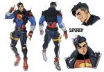  1boy bandaged_arm bandages belt black_eyeliner black_hair blue_bodysuit blue_eyes blush bodysuit bracelet broad_shoulders character_name dc_comics earrings eyeliner facial_hair fingerless_gloves from_behind gloves gold_buckle grin holster jacket jewelry layered_clothes leather leather_jacket lips looking_to_the_side makeup male_focus marvel marvel_rivals marvel_rivals_(style) multicolored_bodysuit multiple_views muscular muscular_arms muscular_male nose open_clothes open_jacket pants red_bodysuit red_gloves red_shoes reference_sheet shoes skcd_loen sleeveless sleeveless_jacket smile sneakers spiked_bracelet spiked_jacket spikes stubble studded_footwear studded_gloves studded_pants superboy superhero_costume superman_logo thick_eyebrows thigh_holster torn_clothes torn_pants wallet_chain white_background young_justice zipper_pull_tab 