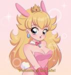  1980s_(style) 1990s_(style) 1girl animal_costume animal_ears blonde_hair blue_eyes bodysuit bow bowtie chelly_(chellyko) crown earrings english_text gloves happy highres jewelry long_hair looking_at_viewer mario_(series) open_mouth pink_background pink_bodysuit pink_gloves princess_peach rabbit rabbit_costume rabbit_ears rabbit_girl rabbit_tail retro_artstyle ribbon solo speaker tail twitter_username very_long_ears 