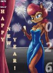 5_fingers absurd_res alcohol anthro athletic athletic_female beverage blue_clothing blue_dress blue_eyes breasts champagne champagne_glass chipmunk clothing container cup dress drinking_glass facial_tuft female fingers glass glass_container glass_cup ground_squirrel hair hi_res infinirat mammal new_year_2026 red_hair rodent sally_acorn sciurid scut_tail sega short_tail slit_dress smile soft_abs solo sonic_the_hedgehog_(satam) sonic_the_hedgehog_(series) tail tuft